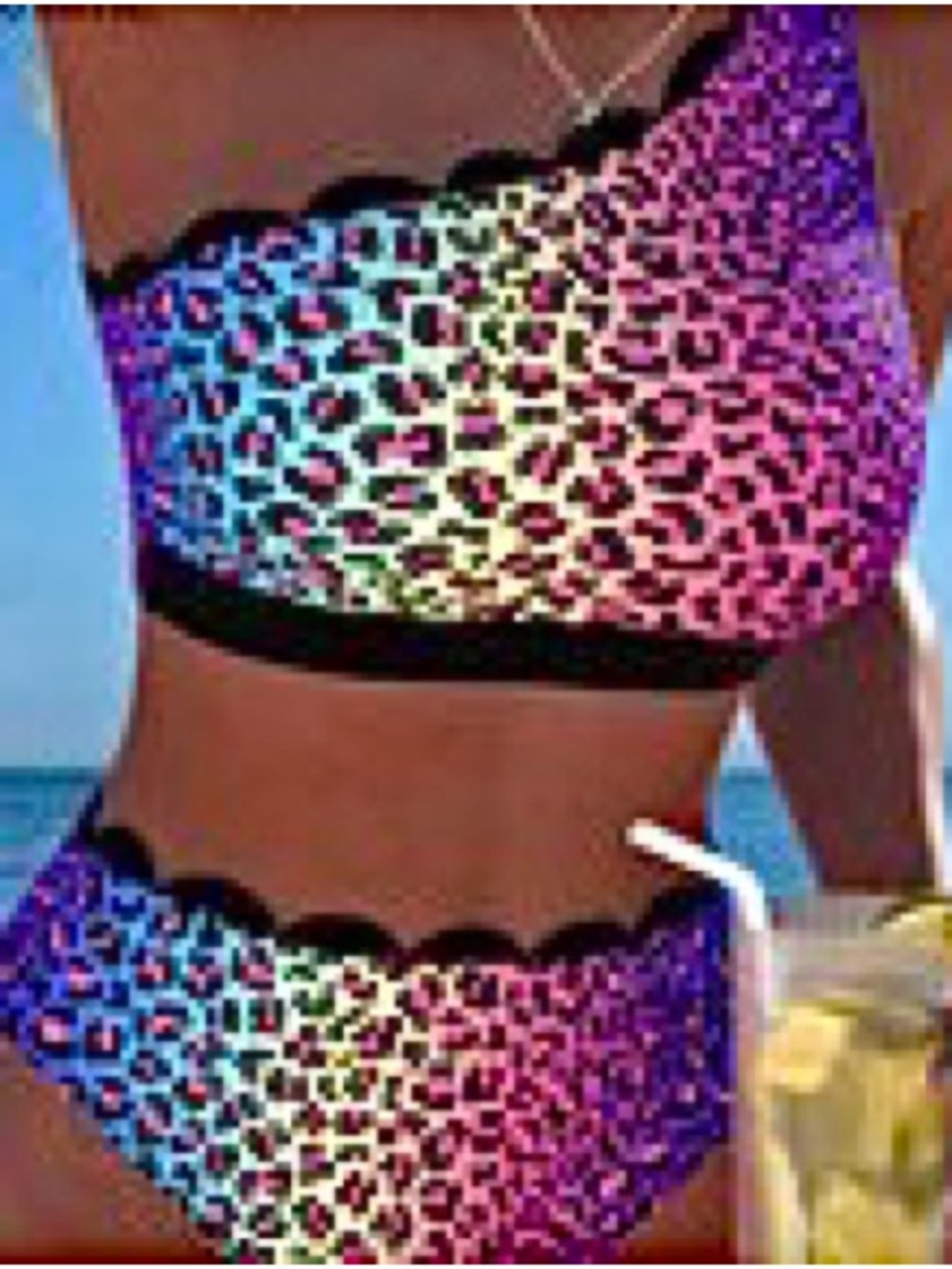 🆕Rainbow Leopard Scalloped Bikini Set. Size M. NWT.